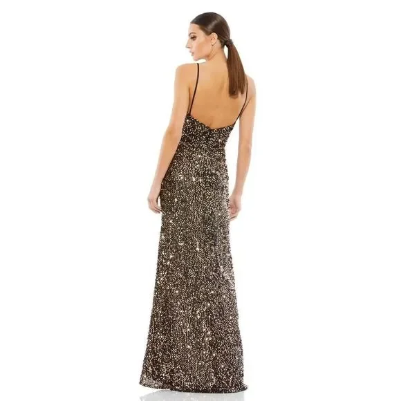 Ieena Mac Duggal Bronze Black Sequin Gathered Waist Gown Size 4 $398 - Picture 2 of 7